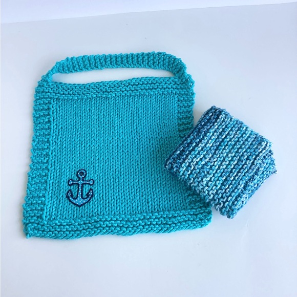 Baby Bib Set Hand Crafted Washcloth Blue Cotton Knit Anchor - Picture 4 of 12